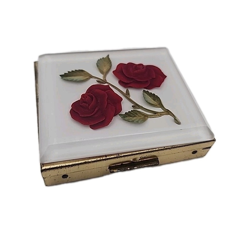 Bircraft Hand Crafted Lucite Reverse Carved Red Rose Pillbox Trinket Box READ
